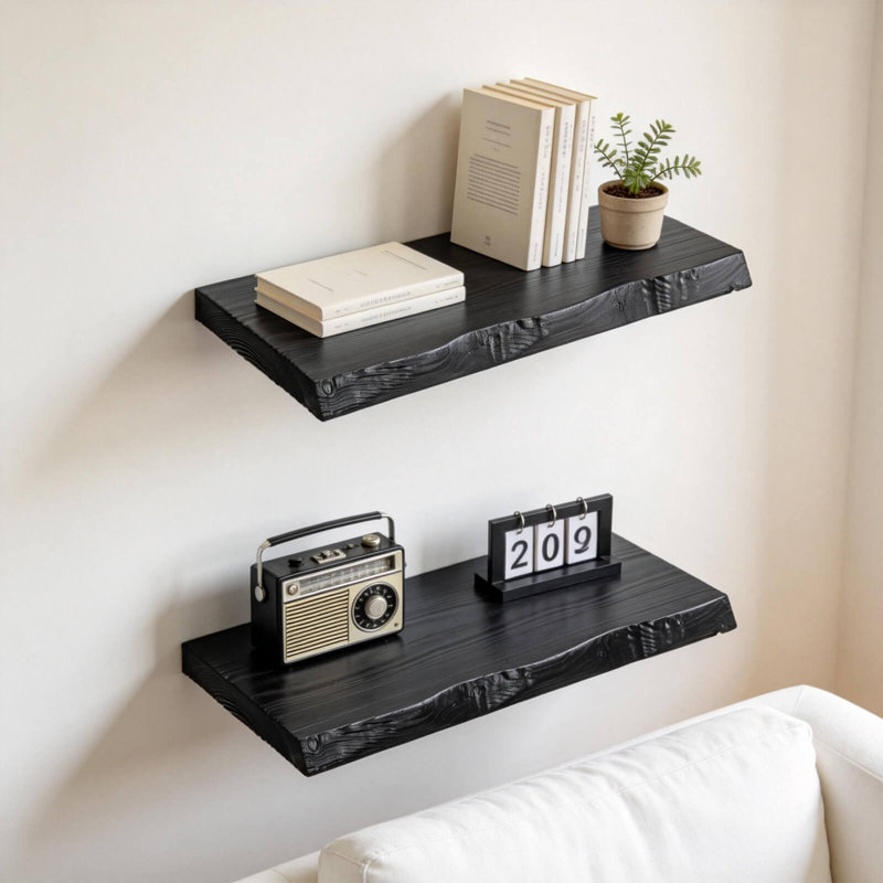 16 Inch Solid Wood Floating Shelves Set Of 2, Live Edge Rustic Wall Shelves With Hidden Brackets, 8” Deep Wooden Shelves For Living Room, Bathroom, Bedroom, Kitchen Storage & Display (black)
