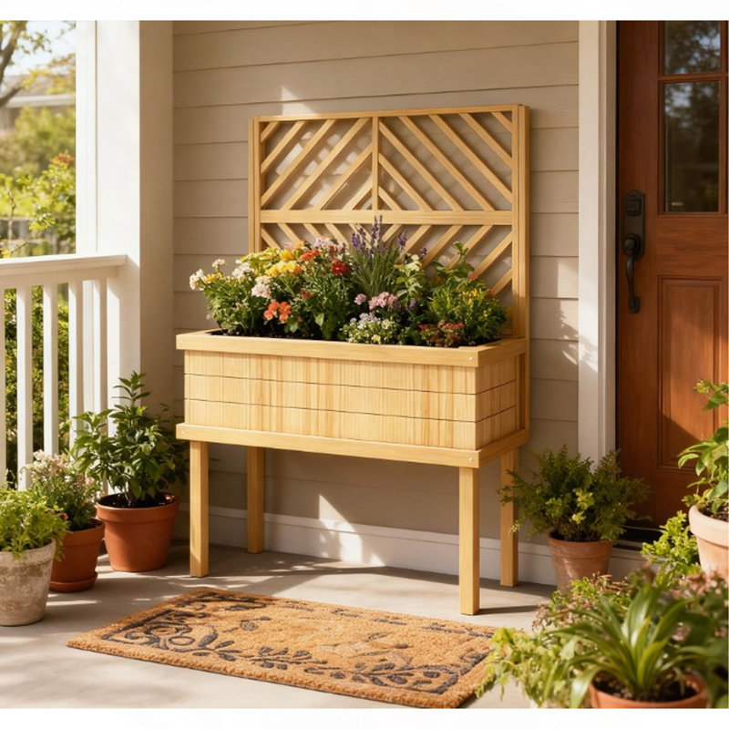 Self-Draining Raised Garden Bed,Elevated Wood Planter With Trellis For Climbing Plants,With Legs And Drainage Holes