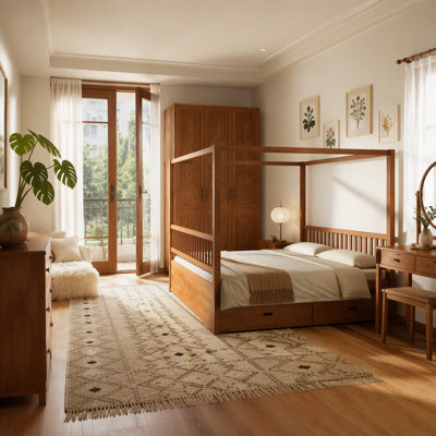 Wooden Canopy Bed with Storage Drawers
