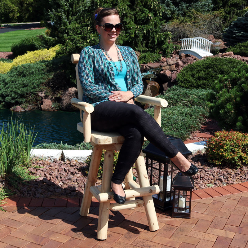 Natural Fir Wood Rustic Swivel Bar Stool with Armrests