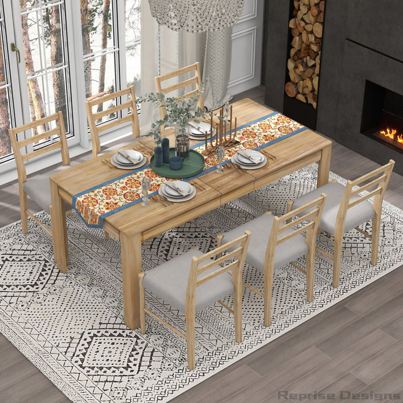 Ensemble de table de salle à manger en bois 7 pièces Farmhouse, Bois naturel délavé
