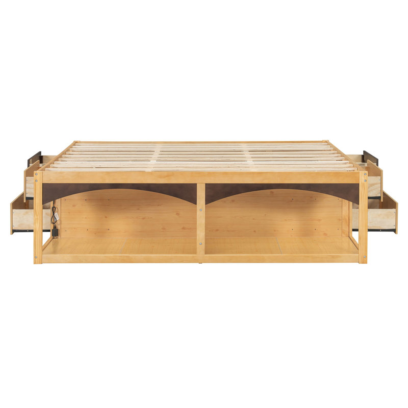 Structure de très grand lit avec tiroirs de rangement, lit plateforme sans tête de lit, conception adaptée aux animaux de compagnie, aucun sommier tapissier requis, style minimaliste moderne - naturel