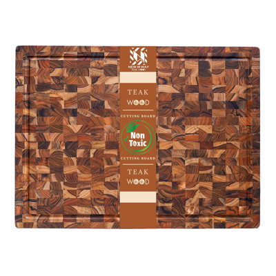 Bloc de boucher à grain d'extrémité avec rainure pour jus New M Way Waykak XL - planche à découper en teck de 20 po x 15 po pour préparation de viande, de poitrine et de barbecue - planche à découper et à découper en bois robuste résistante aux couteaux