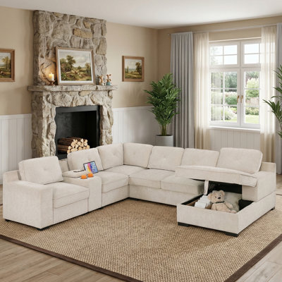 119.5" Convertible Modular Sectional Sofa Bed 2-In-1 Oversized Chenille Pull-Out Sleeper Couch With Console Armrest & USB Charging & Cup Holder & Stor