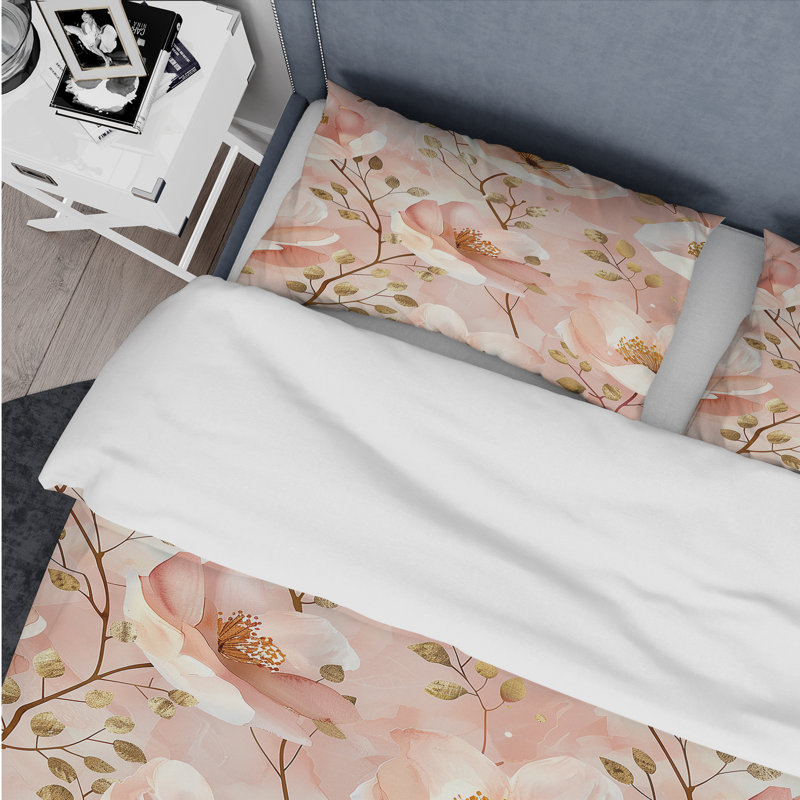 Ensemble de housse de couette Pastel Pink Blush Blooms II - Modern, Housse de couette simple et deux taies décorative