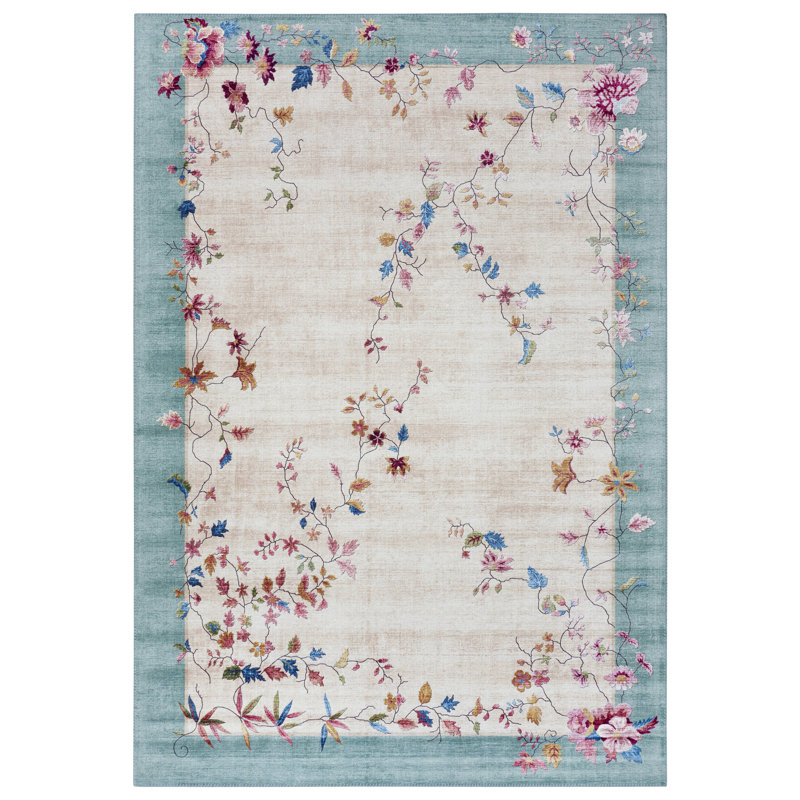 Machine Woven Beige/Teal Rug, Rectangle 80 x 150cm