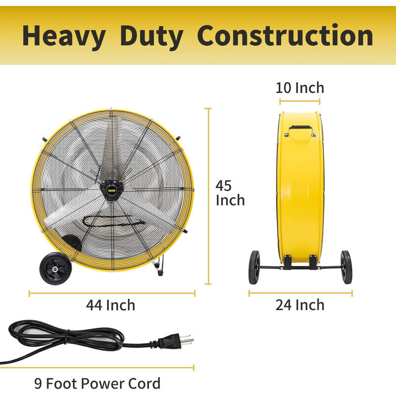 Ventilateur tambour 2 vitesses en jaune avec puissant moteur de 4/5 CV, ventilateur commercial ou industriel