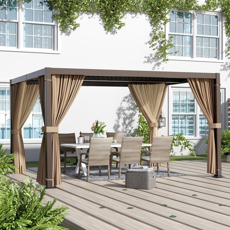 Pergola à persiennes en aluminium avec toit et rideaux réglables, Noir, 13 pi. L 10 pi. D