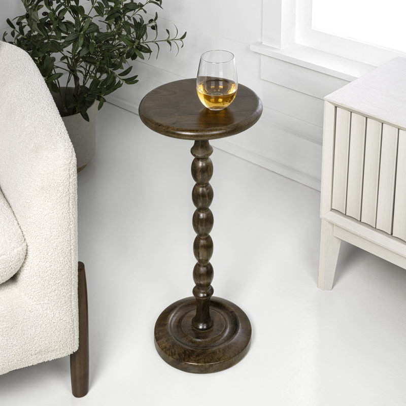Augustus 11" x 24.5" Cottage Round Solid Mango Wood Spool Pedestal Drink Table - Dark Brown Turned Accent Side & End Table for Living Room