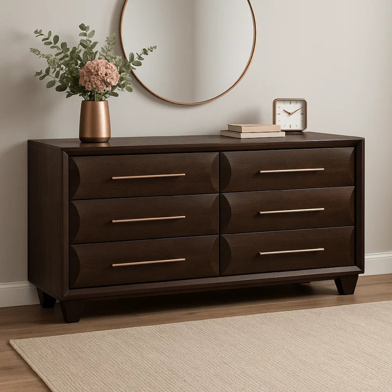 Commode large 6 tiroirs Nitz, bois massif brun espresso, poignées or rose, Espresso brun