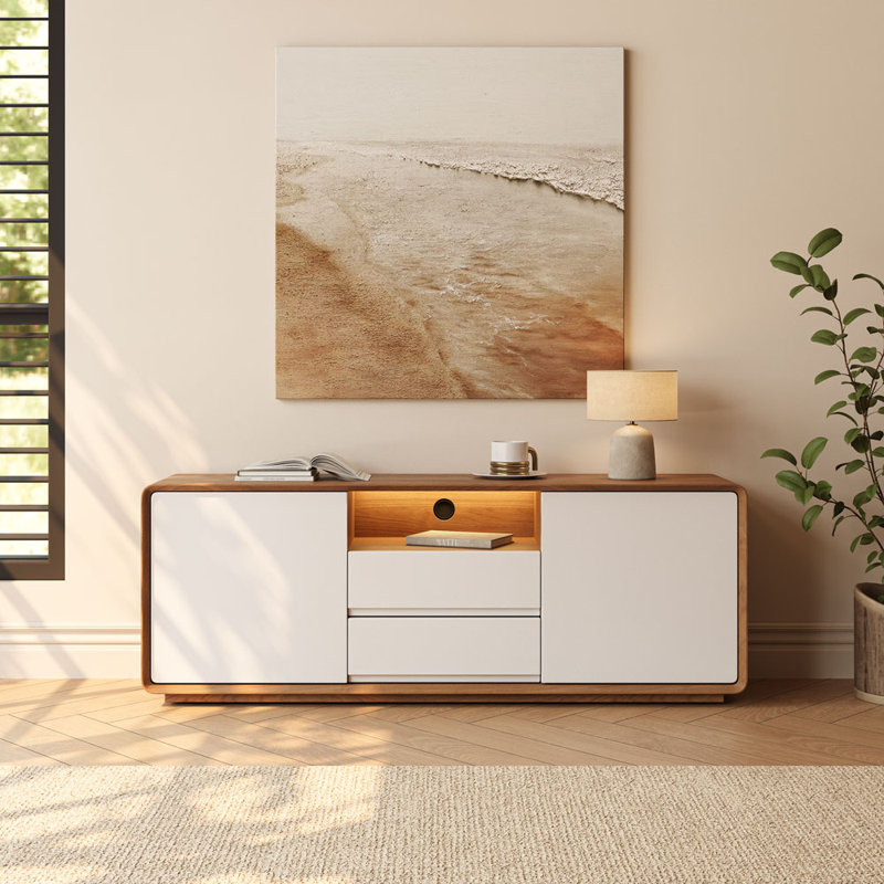 55" Mid-Century Modern TV Stand With LED Lights, Open Center Console With 2 Drawers And 2 Doors, Perfect For Living Room & Media Room Storage​, Fully Assembled, White And Walnut