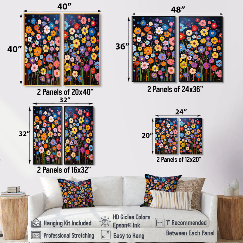 Abstrait kaléidoscope de fleurs sauvages colorées - impressions traditionnelles sur toile 2 panneaux, Noir, noir, noir, noir