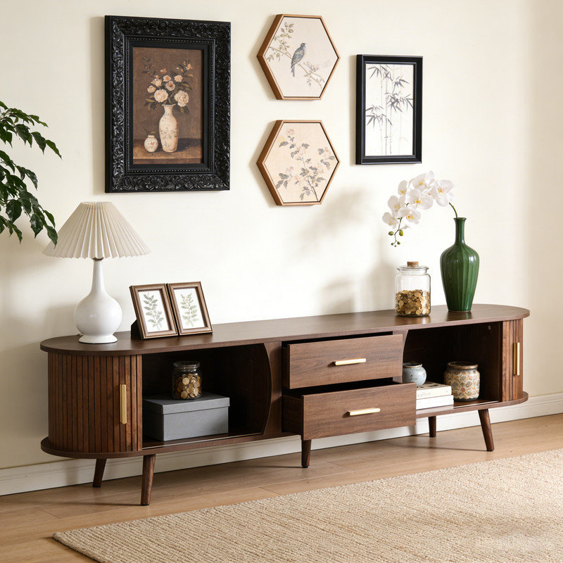 Meuble télé 71 po avec portes coulissantes et 2 tiroirs, console multimédia pour salon