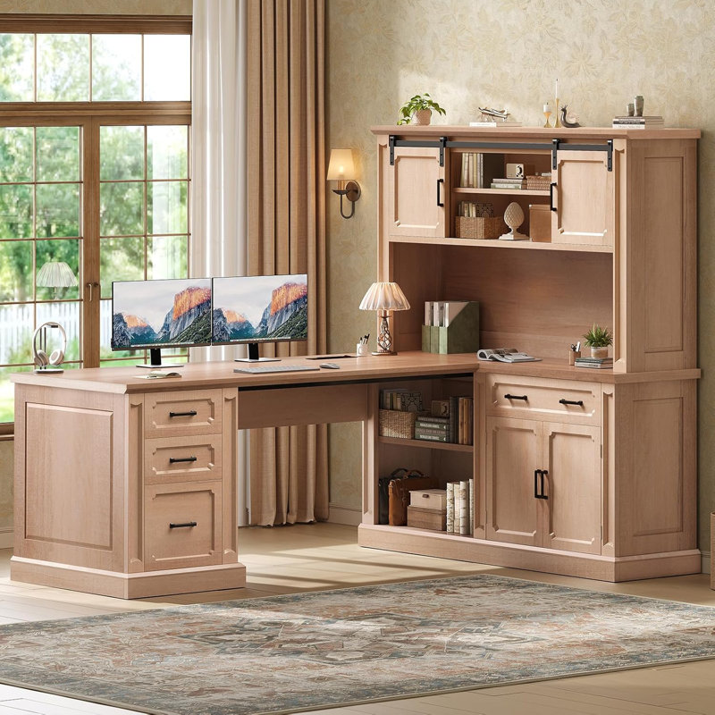 Farmhouse L Shaped Desk With Hutch, 67" Executive Home Office Desks With 4 Drawers, Oak