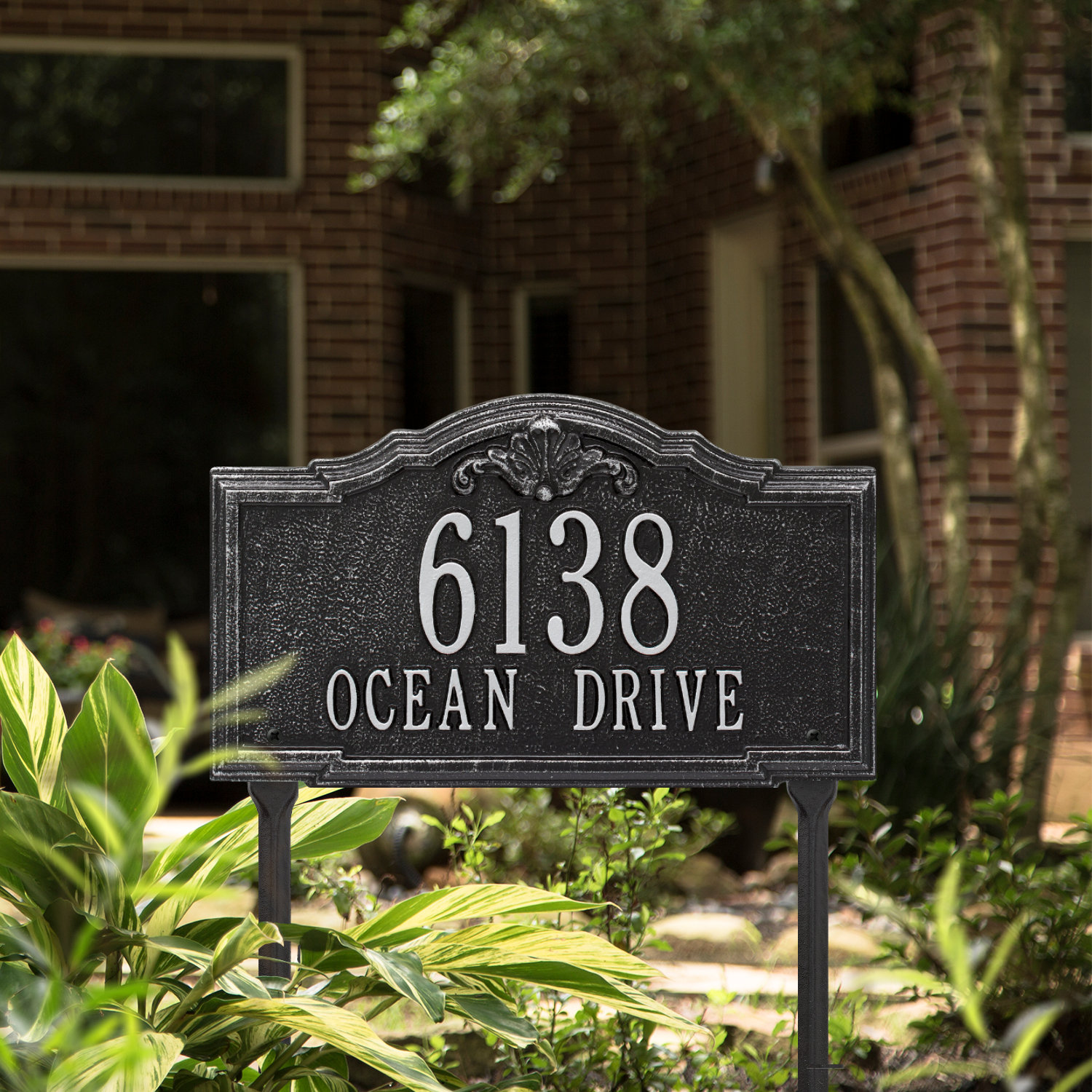 Gatewood 2-Line Lawn Address Sign, Black/Silver, Yes
