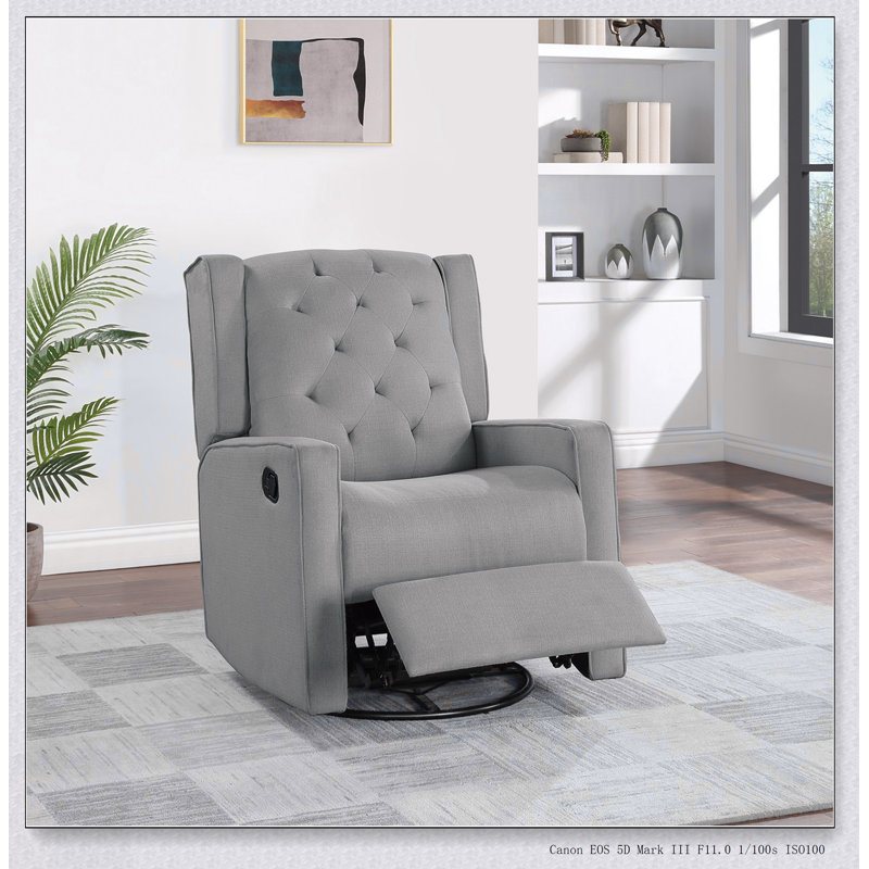 Contemporary Dark Gray Polyfiber Swivel Recliner Chair With Manual Motion, Wing Back, And Tufted Cushion For Living Room