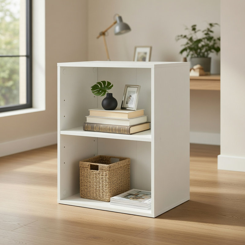 Vitrine moderne à 2 niveaux, tablette de rangement compacte pour salon, capacité de charge de 45 kg, structure en MDF, blanc