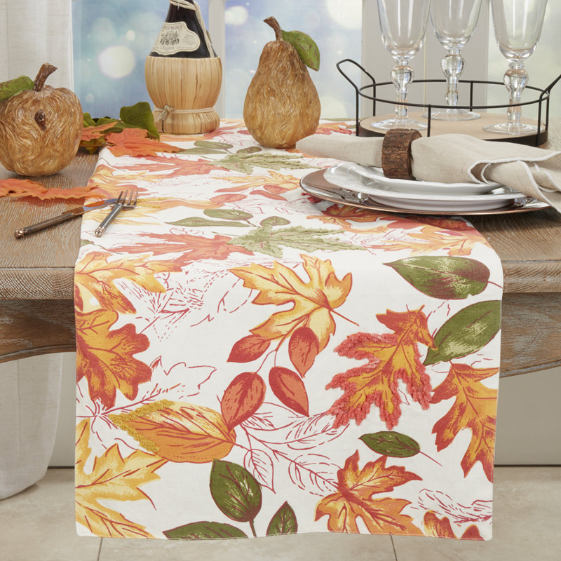 Multicolored Embroidered Autumn Leaves Cotton Holiday Table Runner 16" X 54", 54" L x 16" W