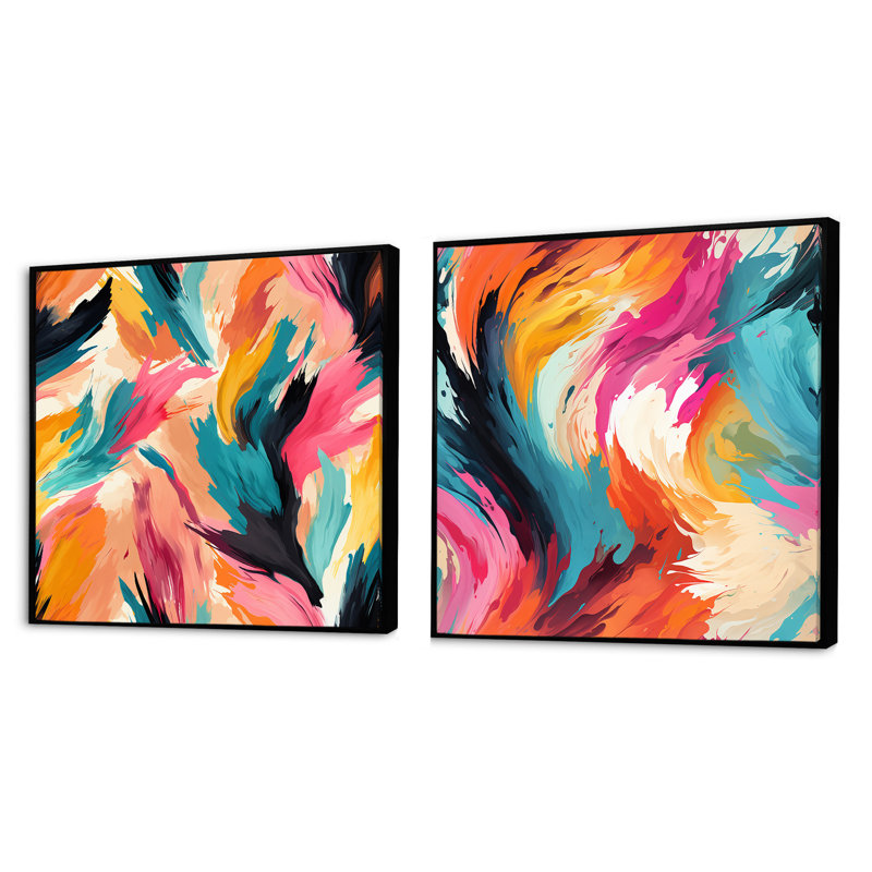 Colourful Painterly Ikat Symphony - Abstract Square Collage Set Of 2, Black Floater Framed, 30" H x 61" W