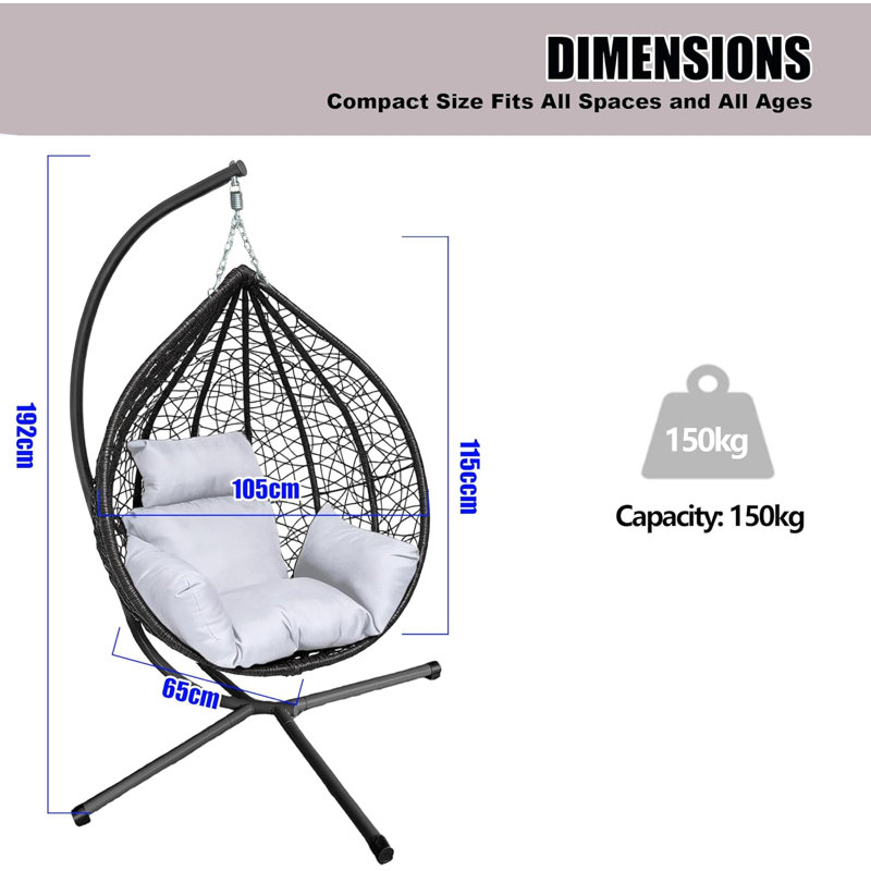 Garden Swing Egg Chair Seat Rattan Hanging Hammock With Cushions, White, Black