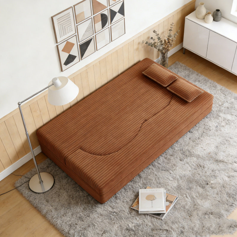 Modern Floor Sofa with 2 Pillows, Corduroy, Orange1