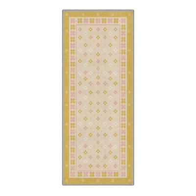 Machine Washable Floral Yellow / Ivory Hallway Runner With Non-Slip Backing