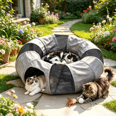 2-in-1 Cat Tunnel Interactive Play Tube & Cozy Bed with Hanging Toy