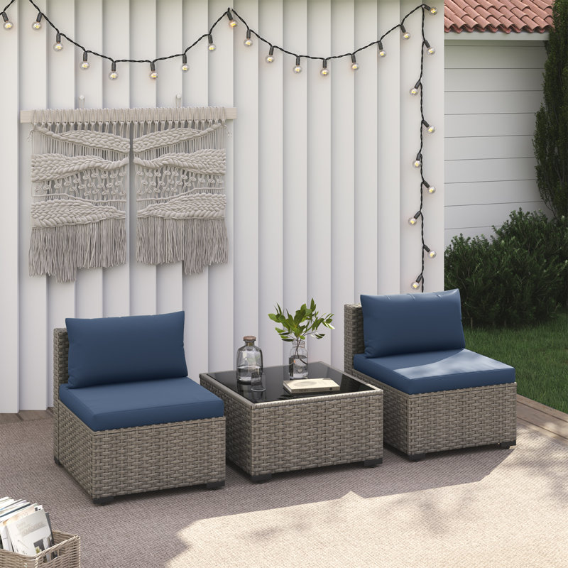 2-Person Outdoor Wicker Sofa Set With Cushion, Navy
