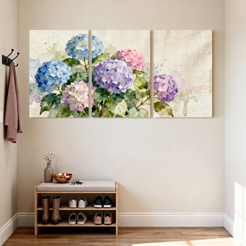 Aquarelle, hortensia, art mural sur toile, ensemble de 3 panneaux, style boho chic pour le salon ou la chambre à coucher