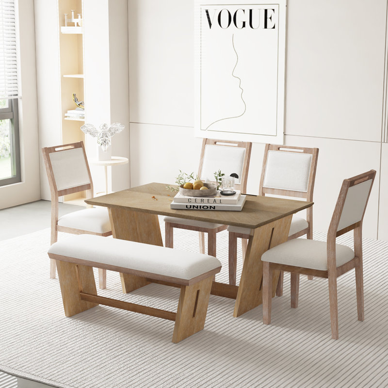 6-Piece Dining Set with Rectangular Table Upholstered Chairs and  Bench, Natural Wood Wash