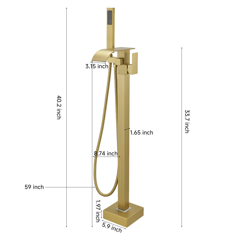 Single-Handle Freestanding Tub Faucet With Hand Shower Brass Waterfall Floor Mount Tub Filler In Brushed Gold, Brushed Gold