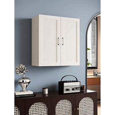 Armoire murale blanche en bois massif avec portes doubles, 2 tablettes réglables et 1 tiroir pour la cuisine, rangement pour buanderie, l 24 po x P 30 po, caoutchouc, installation facile, charnières à fermeture en douceur
