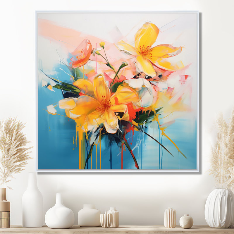 Abstrait jaune bouton d'or sur un ciel bleu rose - salon de l'art mural Buttercups, H 30 po x l 30 po x P 1 po