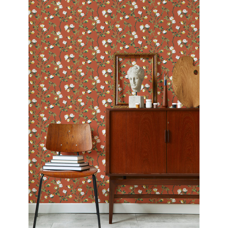Lady Charlotte Rose Thorns 10' L x 24" W Peel and Stick Wallpaper Tile, Ivory Garden, Faux Grasscloth