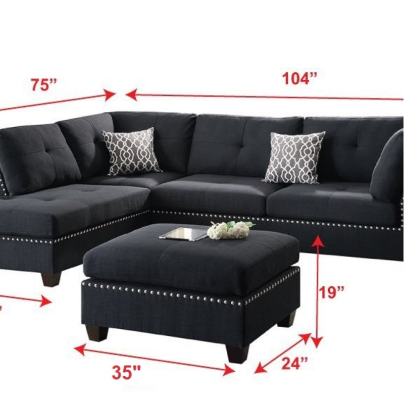 3 pièces Canapé modulaire avec coussins réversibles, Polyfibre noire, Face à la gauche