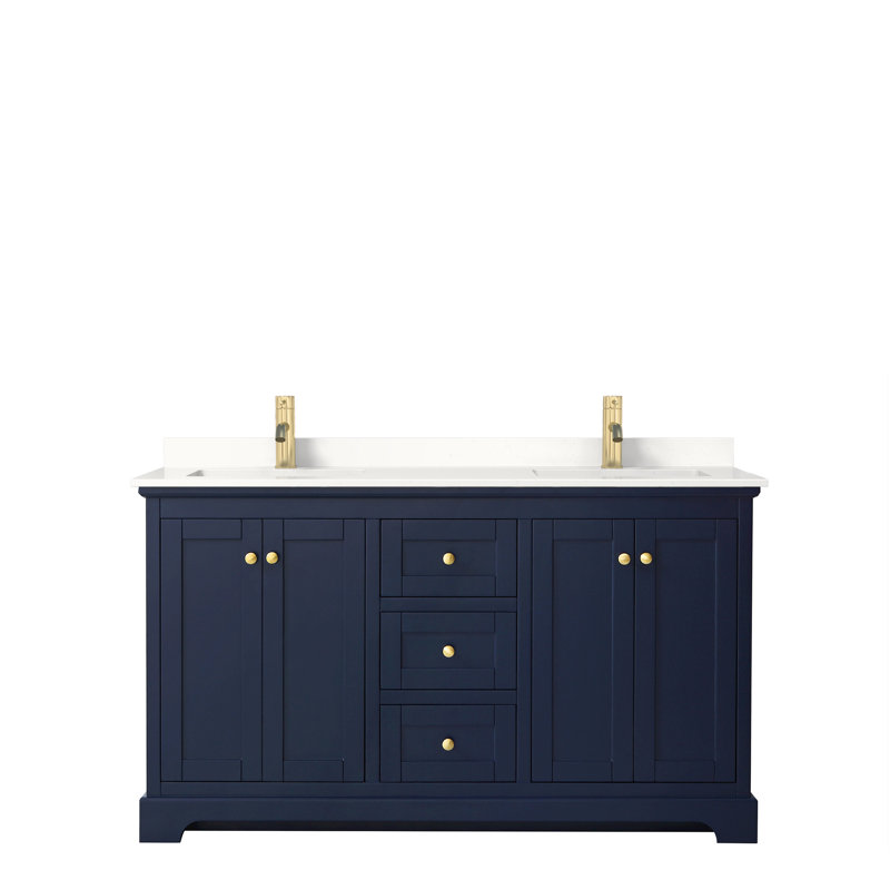 Meuble-lavabo double autoportant avec plateau Avery, Quartz blanc, Bleu foncé, Or brossé