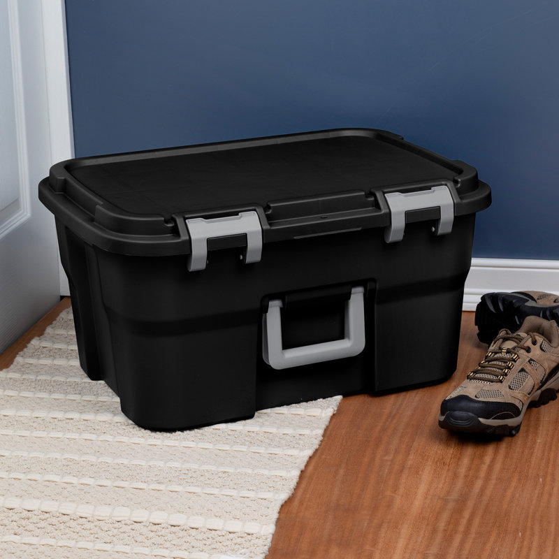 Sterilite Footlocker, 14 Gal Plastic Storage Container with Lid, Black, 4 Pack, 56 Quarts