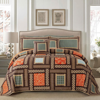 HoneiLife King Size 3 Piece Golden Harvest Fields Hand‑Made Patchwork Quilt Set, 100% Cotton Bedding Quilt with Matching Pillow Shams