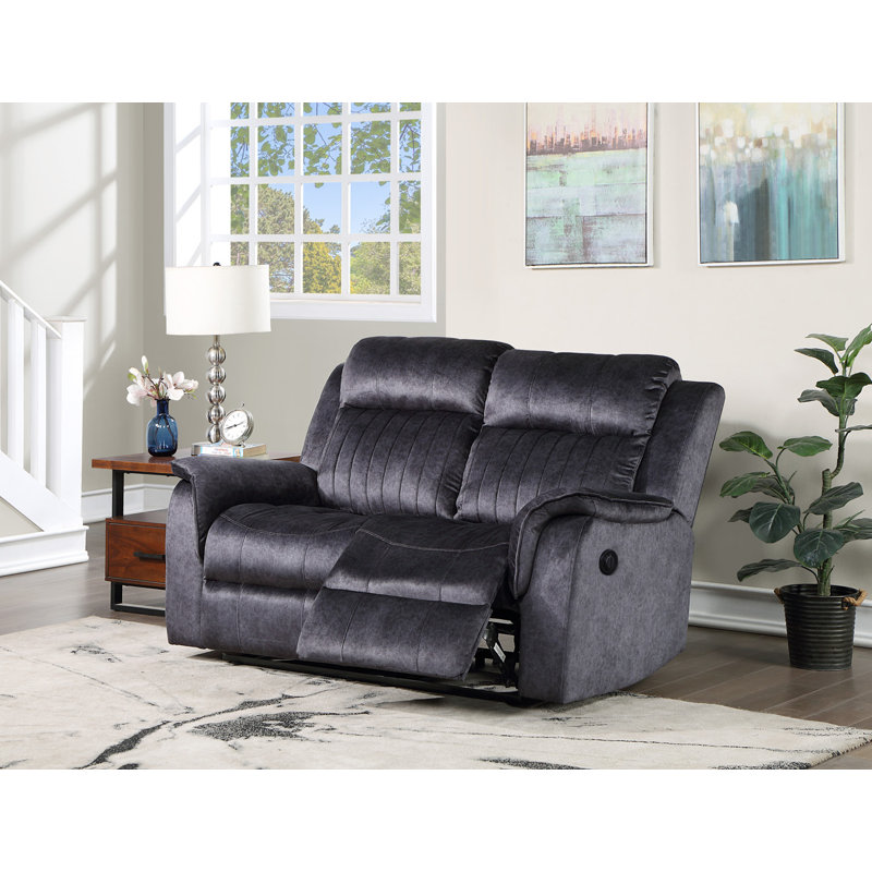 Upholstered 62'' Power Reclining Loveseat, Blue/Gray Faux Suede