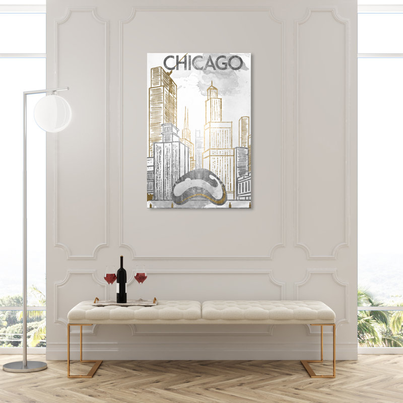 Croquis de Chicago, bâtiments modernes de ville dorée et argentée - peinture sur cadre, H 45 po x l 30 po, Toile tendue