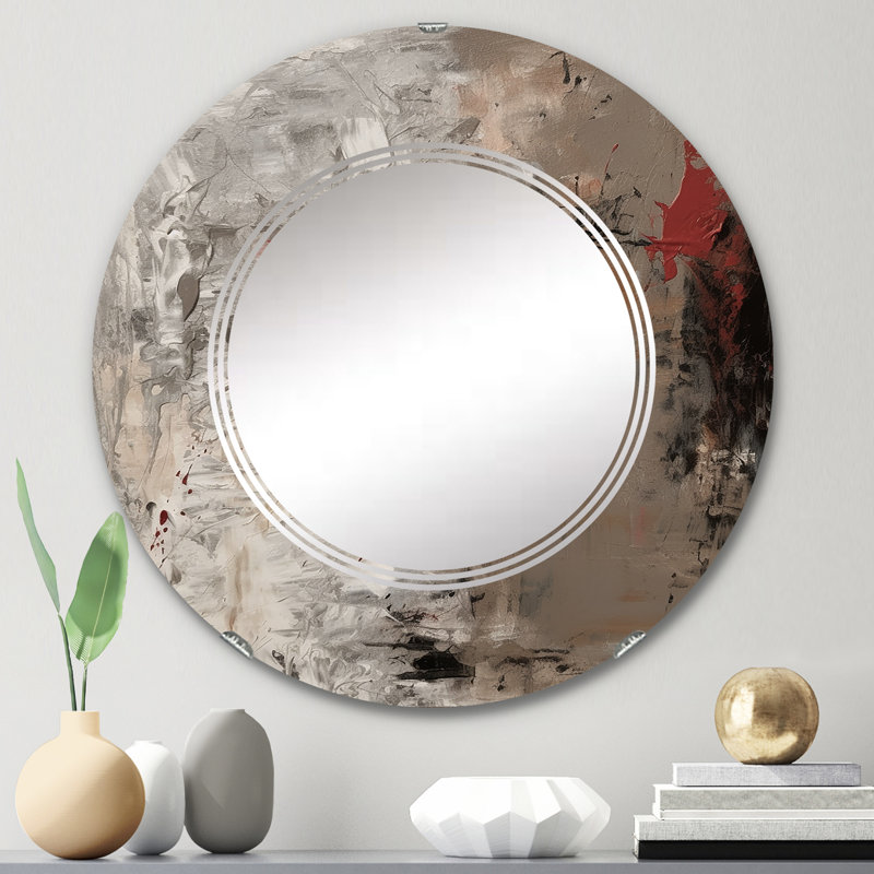 Fading Passion abstrait en rétro beige et rouge II - Miroir mural rond moderne, 24 po x 24 po