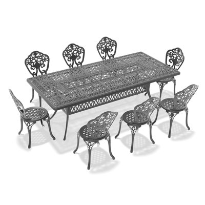 Ensemble de salle à manger rectangulaire noir en aluminium pour l'extérieur, chaise de taille compacte (largeur du siège: 15,35 po), trou de parasol, résistant aux intempéries