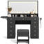 Grand meuble-lavabo de 46 po avec miroir, lumières DEL et prise de courant, ensemble de coiffeuse 11 tiroirs avec tabouret L-688029483