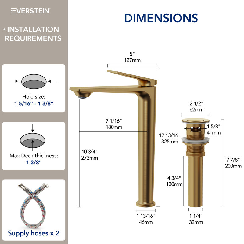 Single Hole Vessel Bathroom Faucet, Single Handle Vessel Bathroom Sink Faucet with Drain Assembly, Brushed Gold