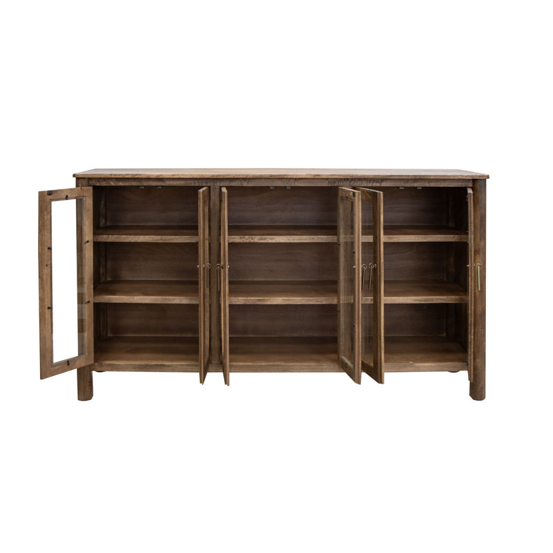 Olum 73 Inch Sideboard Console, Glass Doors, 2 Tiers, Brown Solid Wood