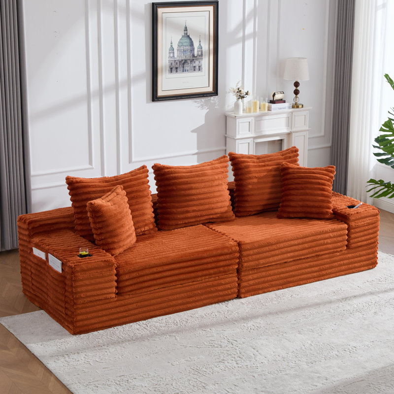 Très grand canapé sans siège à quatre places avec porte-gobelet et poches latérales, canapé-lit rembourré en velours côtelé avec 3 coussins, 2 coussins lombaires, salon, chambre à coucher, sans assemblage, matériau respirant