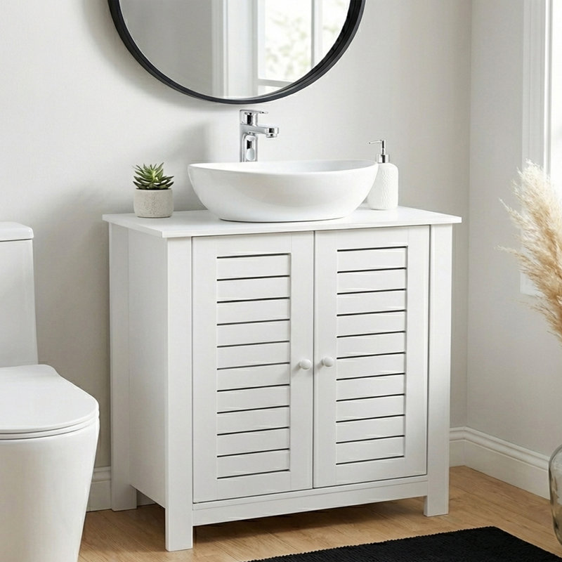 White Bathroom Vanity, Under Sink Cabinet with U-Shaped Cut-Out, Double Vented Doors, Space-Saving Design for Modern Bathrooms, Santorin Collection