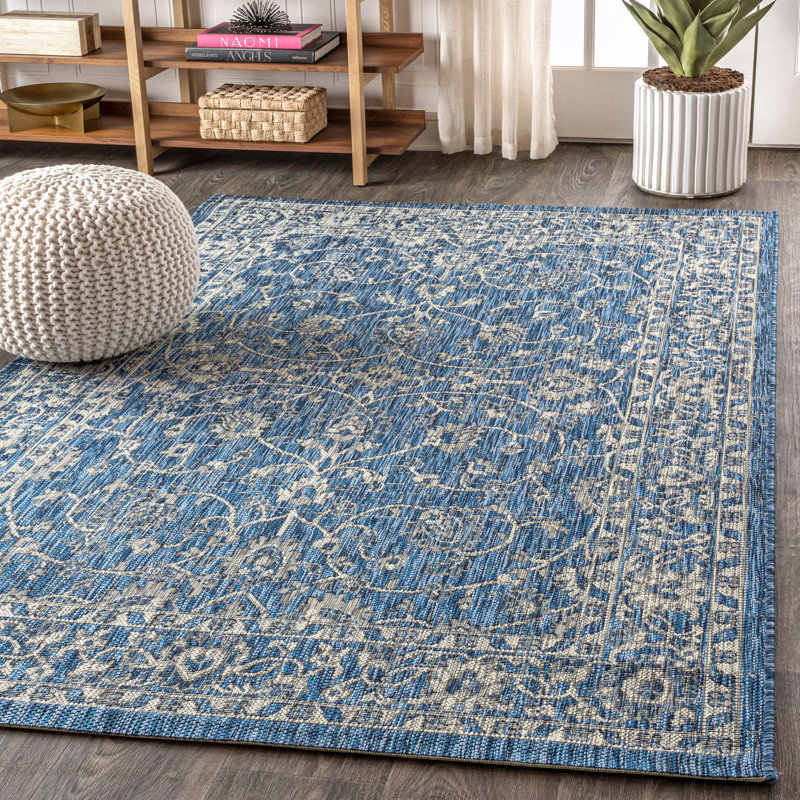 Haupt Vine and Border Textured Weave Navy/Gray Indoor/Outdoor Rug, Rectangle 3'11" x 6'