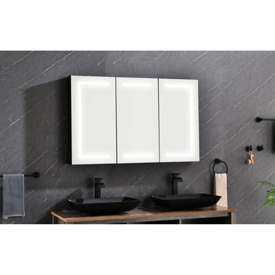 Pharmacie 48 po x 30 po pour salle de bain avec lumières, gradateur, horloge, affichage de la température et miroir en aluminium noir mat