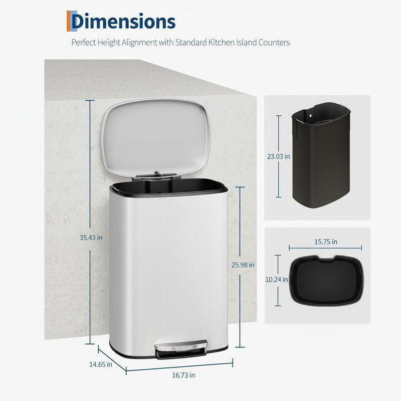 Stainless Steel Step On Kitchen Trash Can - 60L, White